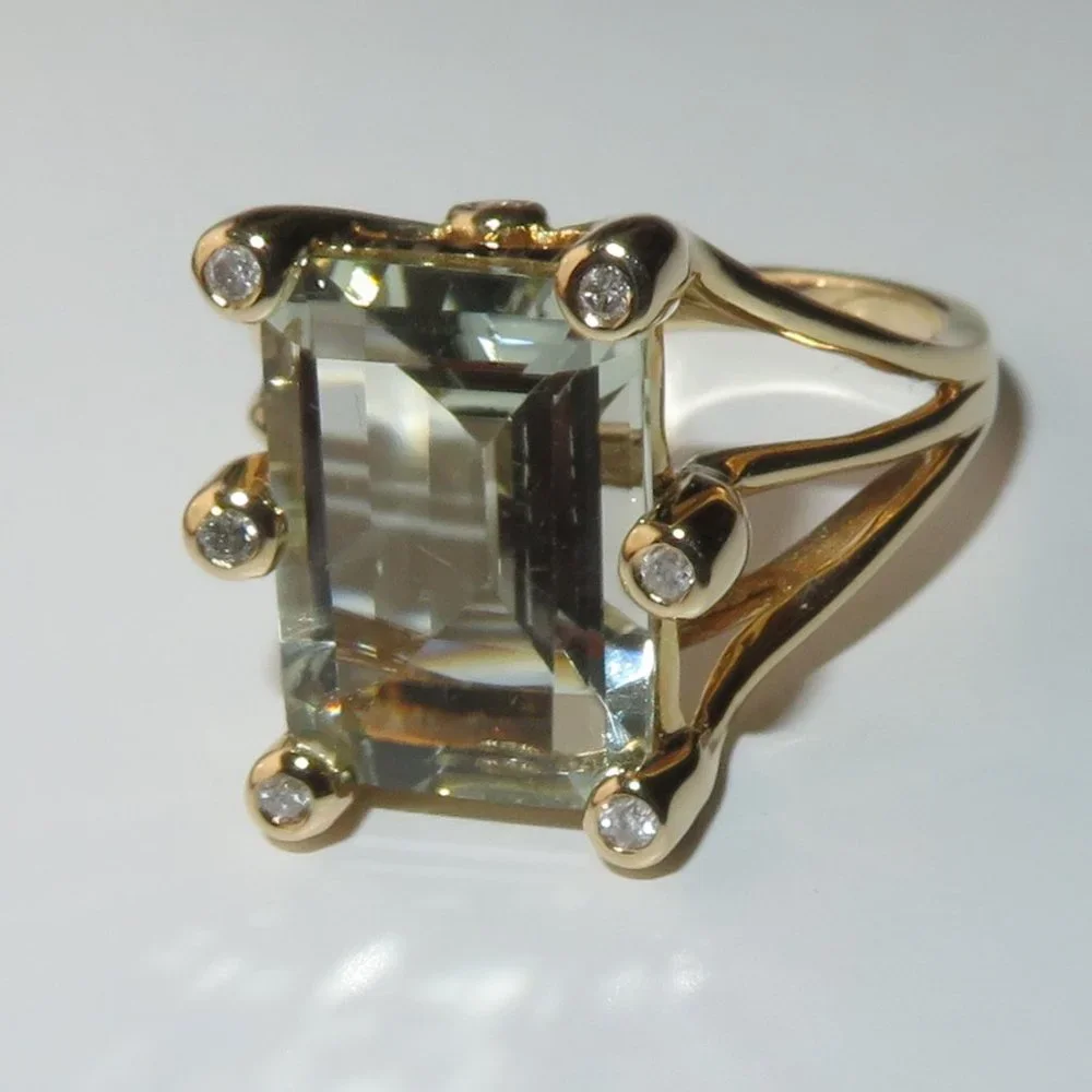 Natural Prasiolite Green Quartz Natural Diamonds 14K Yellow Gold Cocktail Ring